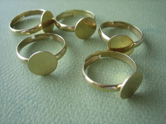 10PCS - Brass Ring Blanks - Unplated - Gold Color - Adjustable - 10mm Pad - Jewelry Findings by ZARDENIA