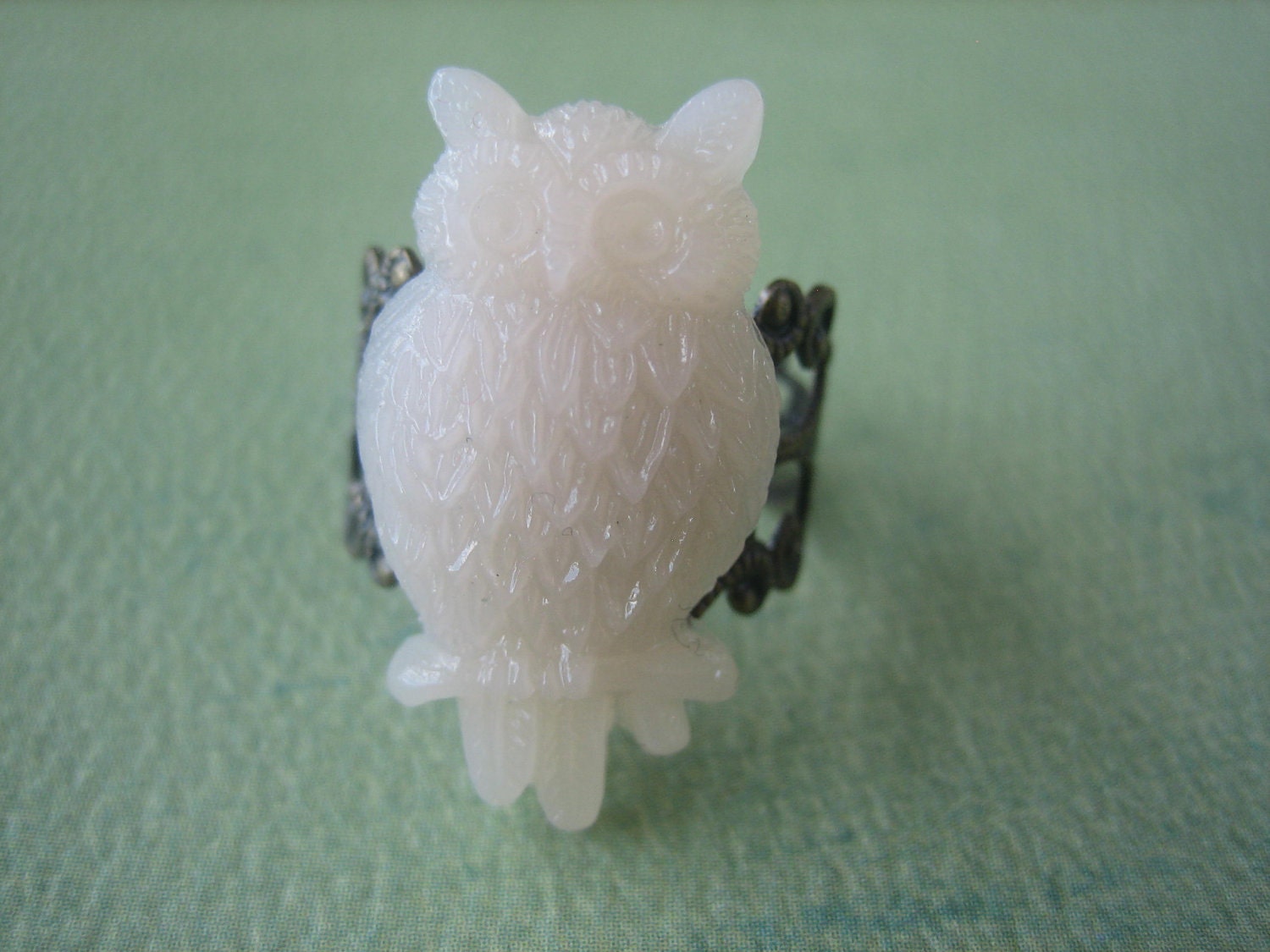 Frosty Ivory Owl Ring - Antique Brass Adjustable Filigree Ring - Free US Shipping - Jewelry by ZARDENIA