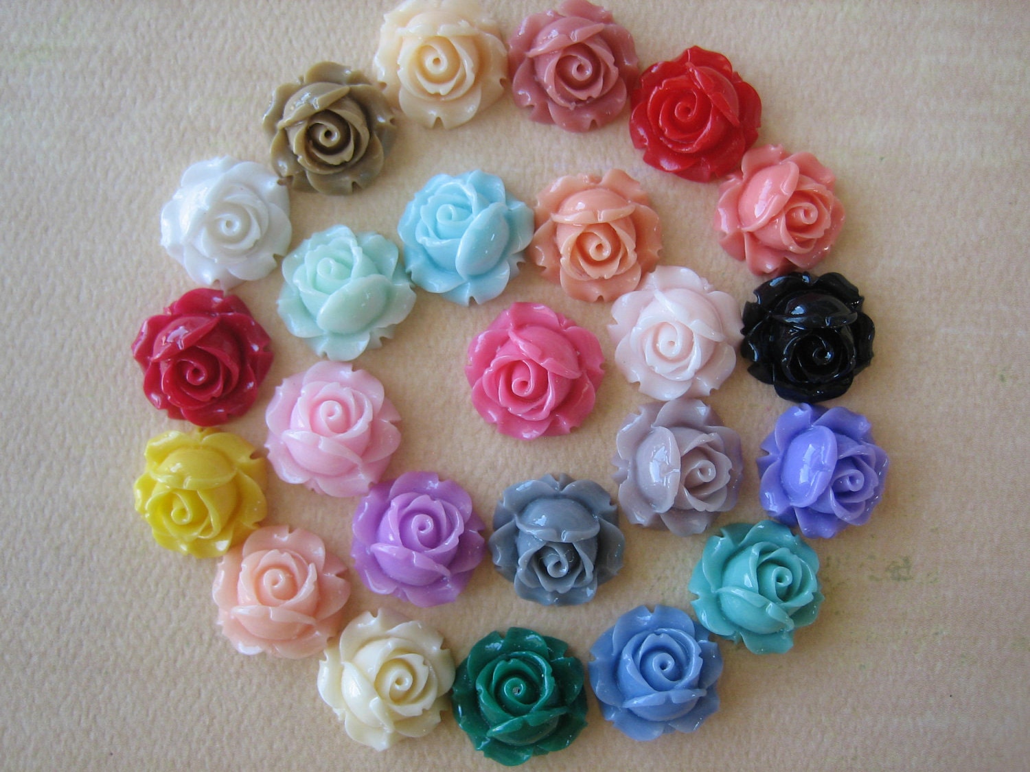 24PCS - Cabbage Rose Flower Cabochons - 15mm - Mixed Colors  - Findings by ZARDENIA