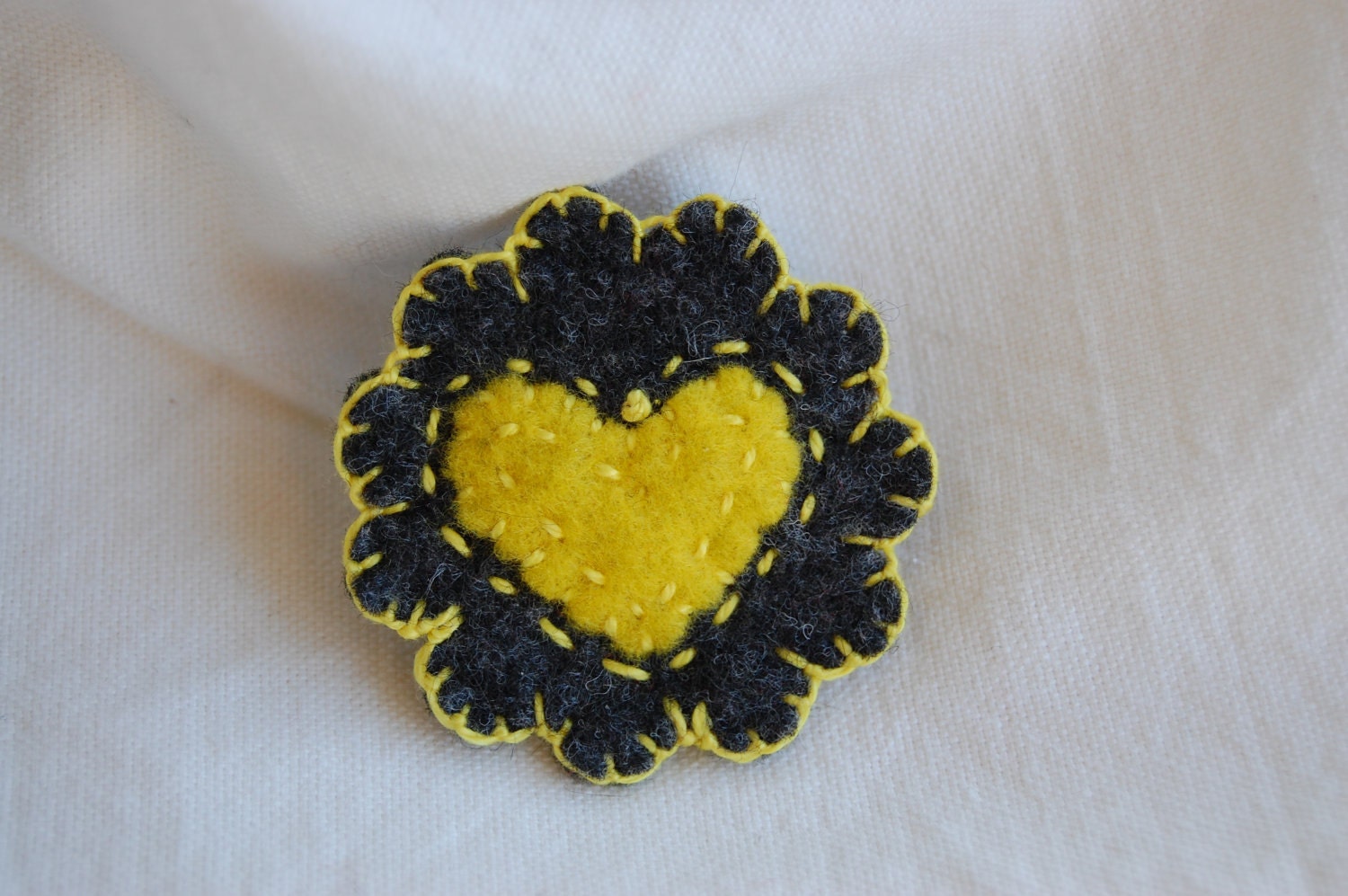 Grey and Yellow Embroidered Felt Brooch Pin