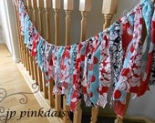 Shabby Chic Wedding Garland /Bohemian Red Aqua Banner /Torn Fabric Rag Garland /Spring Photography Backdrop/ Nursery /Birthday / RTS