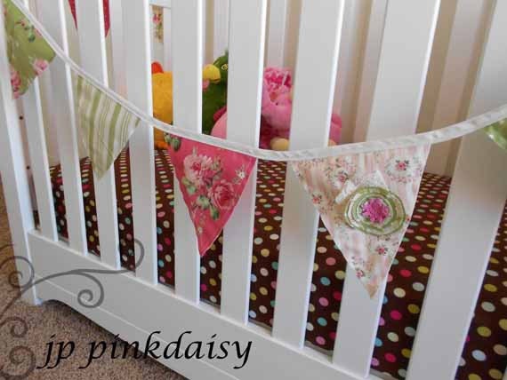 Shabby Nursery Garland / Banner/ Hayley Pottery Barn / Rustic Wedding /Pink Green/ Birthday Banner /vintage / 10 large fabric flags -11 ft.