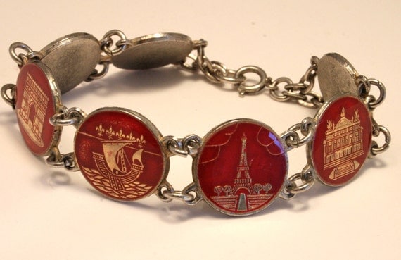 Vintage Paris souvenir coin bracelet. Red enamel. Eiffel Tower. Sacre Coeur etc