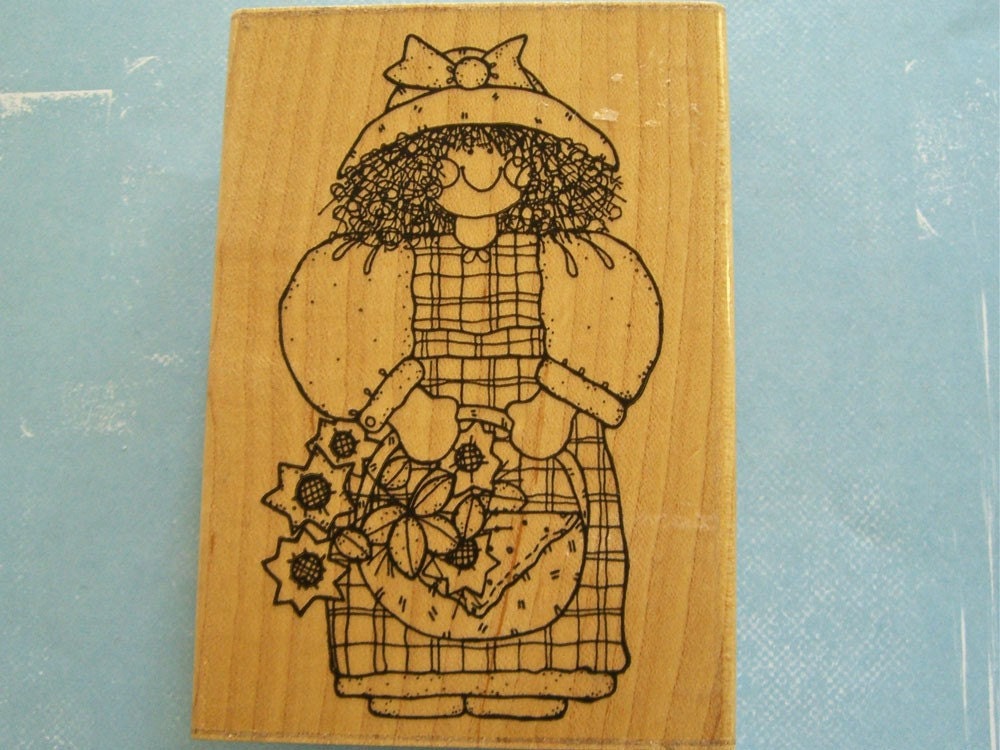 Country Girl Stamp with Sunflowers, Rubber Stamp, Shabby Chic, Girl with Easter Basket Rubber Stamp