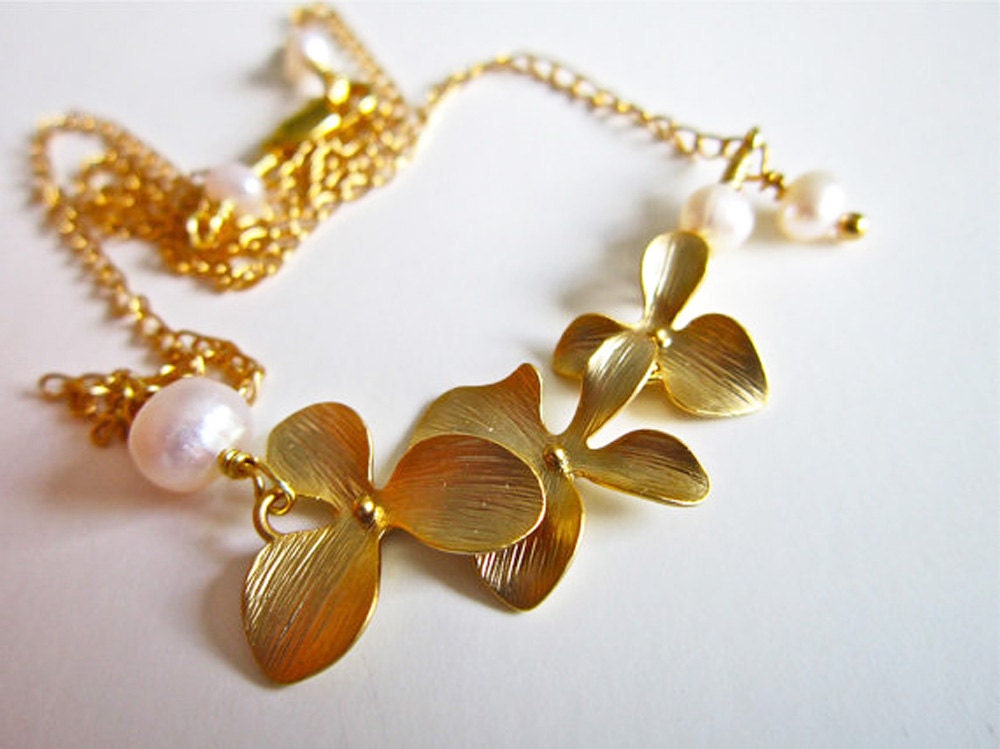 Gold Orchids and Pearls Tropical Necklace, Destination Wedding, Beach Wedding, Tropical, Floral