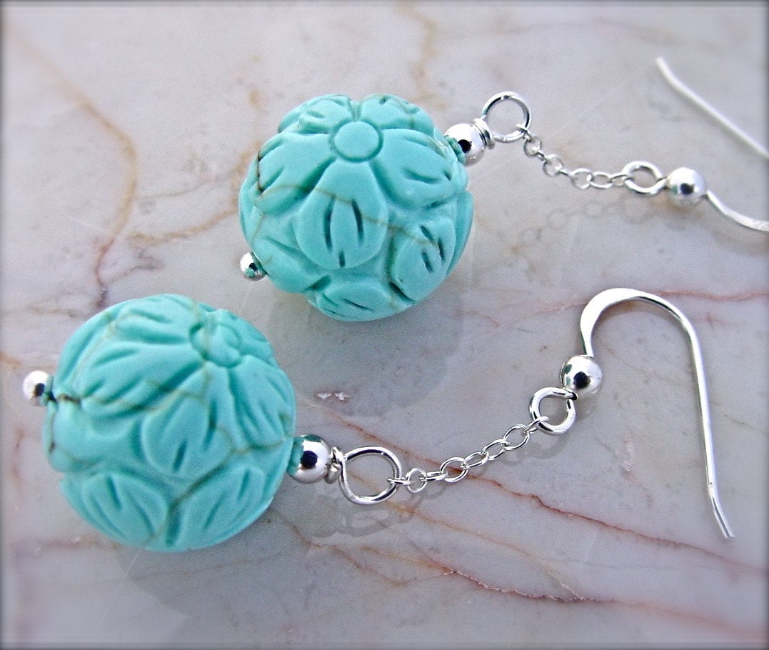 hand carved Turquoise stone earrings sterling silver