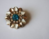 Accessories--Vintage Accessories--Brooch--White and Gold Brooch--Flower Brooch--Blue Jewel Center
