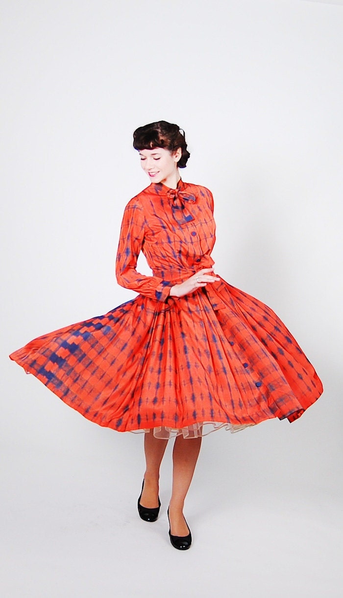 Vintage 1950s Dress - 50s Party Dress - Tangerine & Indigo DNA Print