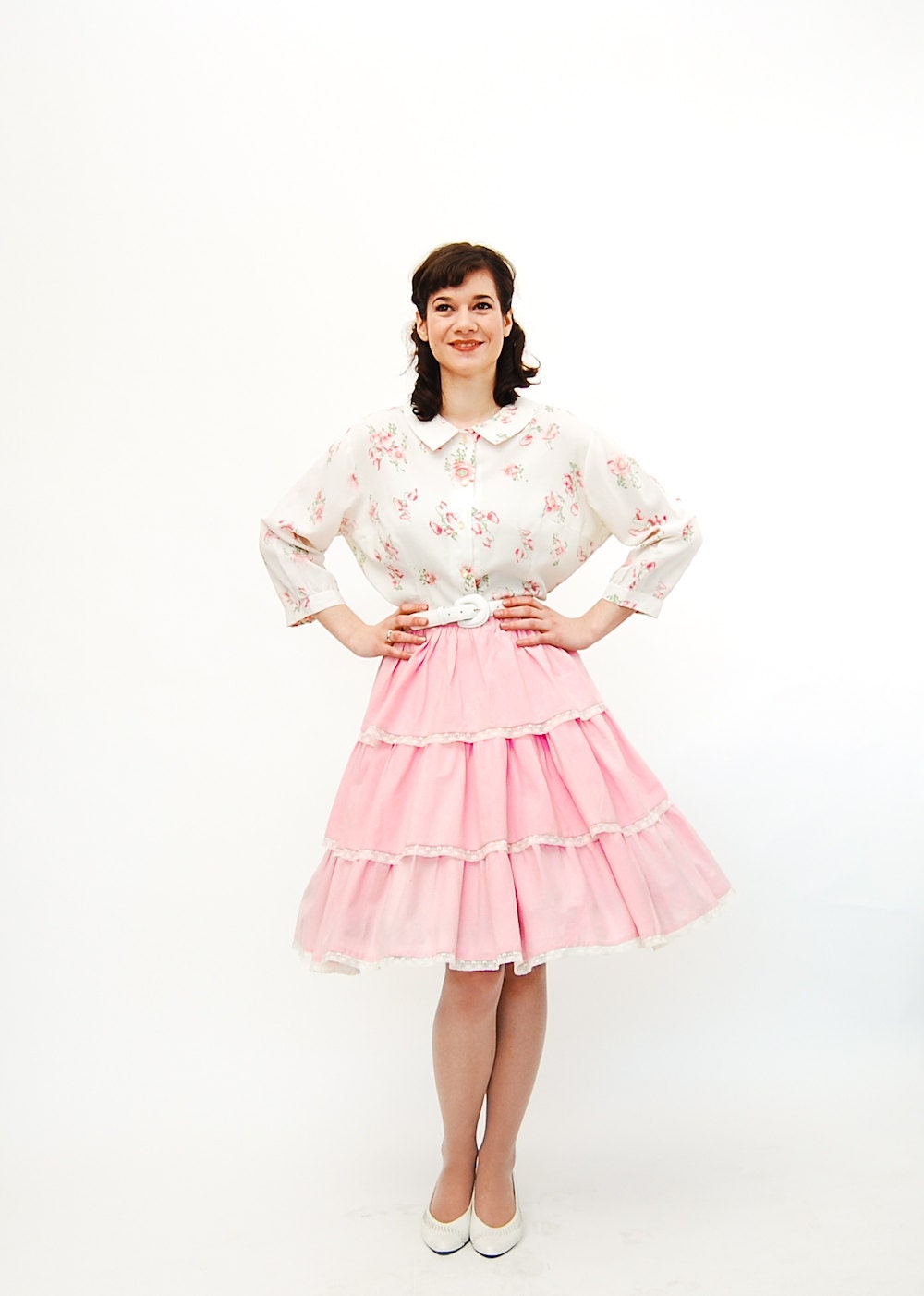 Vintage 1960s Circle Skirt - 60s Full Skirt - Petal Pink Swiss Dot