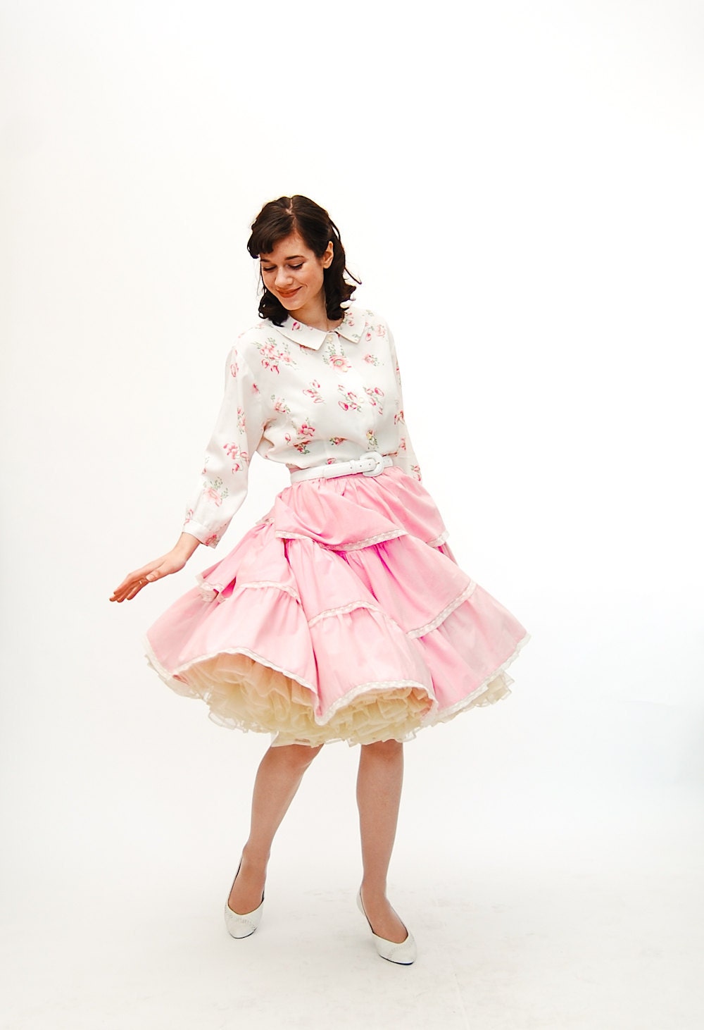 Vintage 1960s Circle Skirt - 60s Full Skirt - Petal Pink Swiss Dot