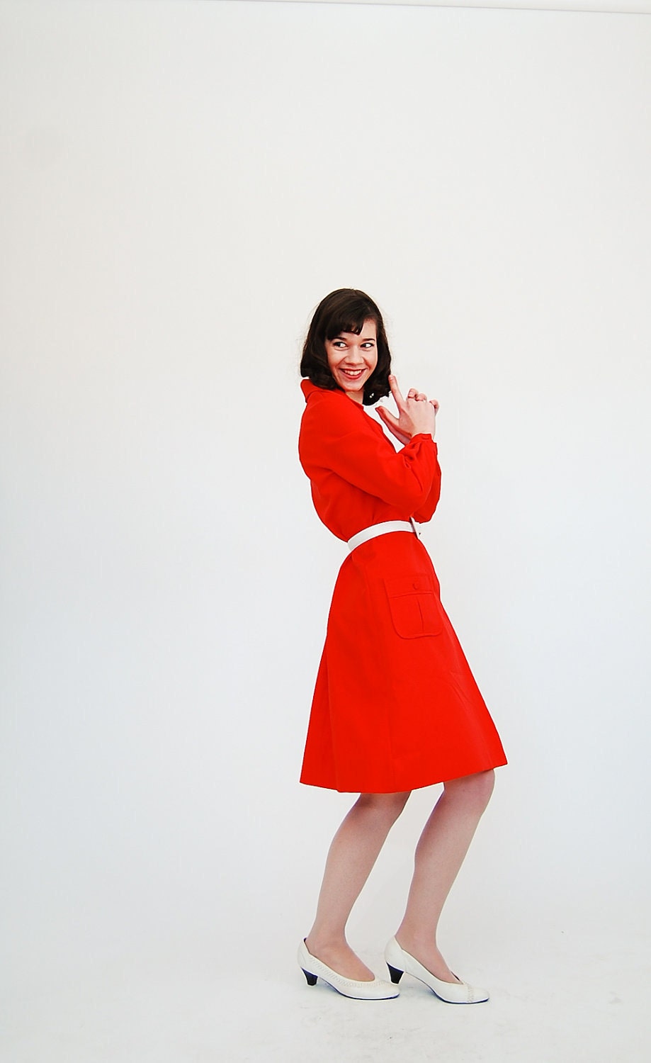 Vintage 1970s MOD Dress - 70s Shirt Dress - Bright Coral Red