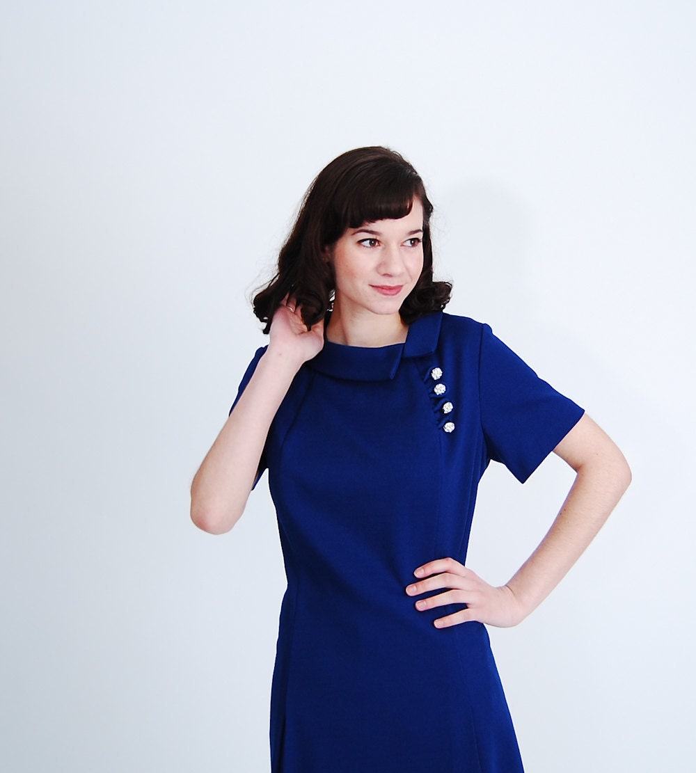 Vintage 1960s Shift Dress - 60s MOD Dress - Bright Navy
