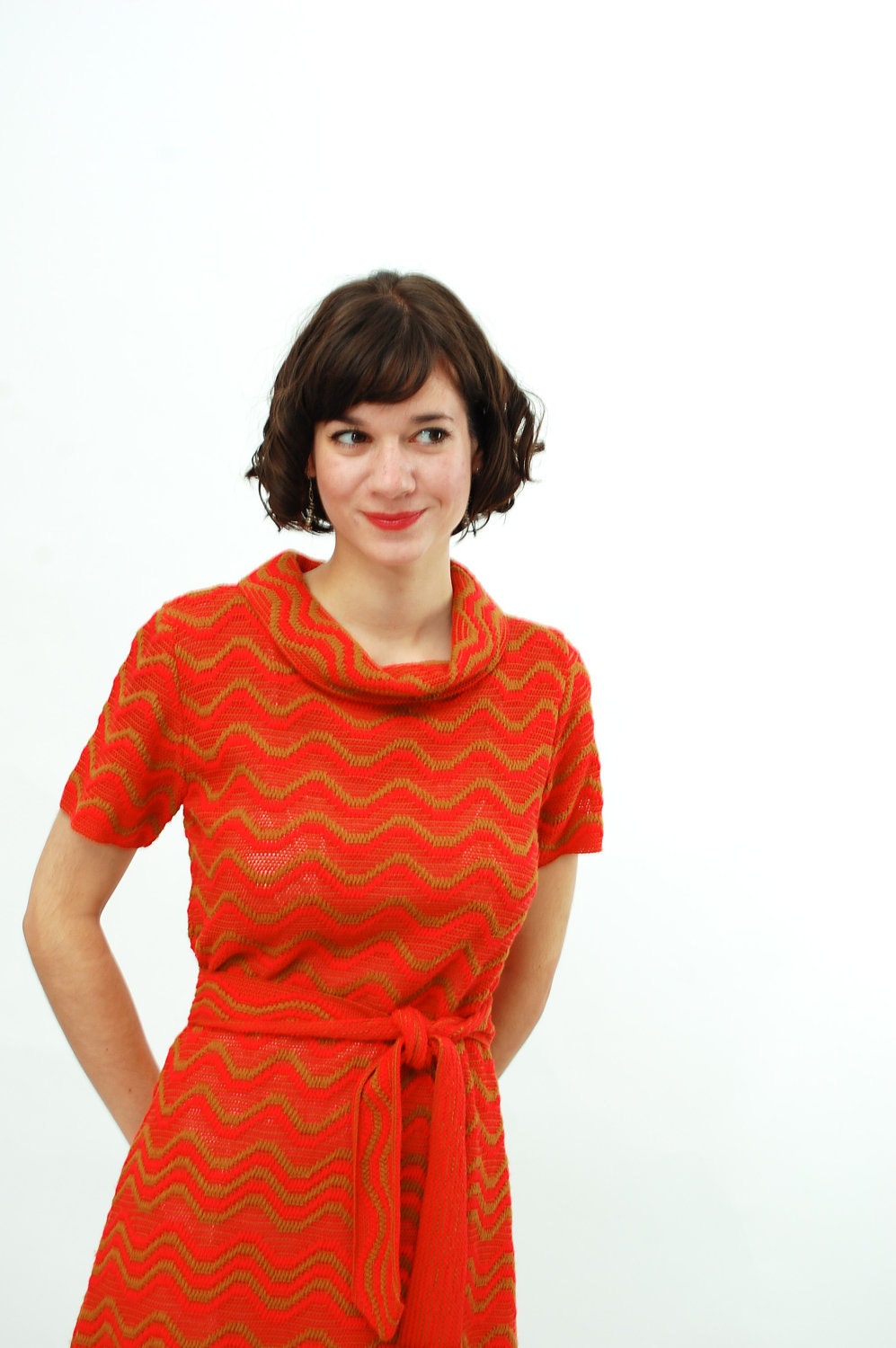 Vintage 1970s Knit Dress - 70s Sweater Dress - Orange & Avocado Wave Stripe