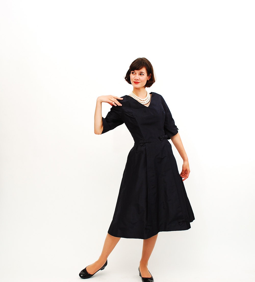 Vintage 1950s Cocktail Dress - 50s Party Dress - Dark Navy Blue