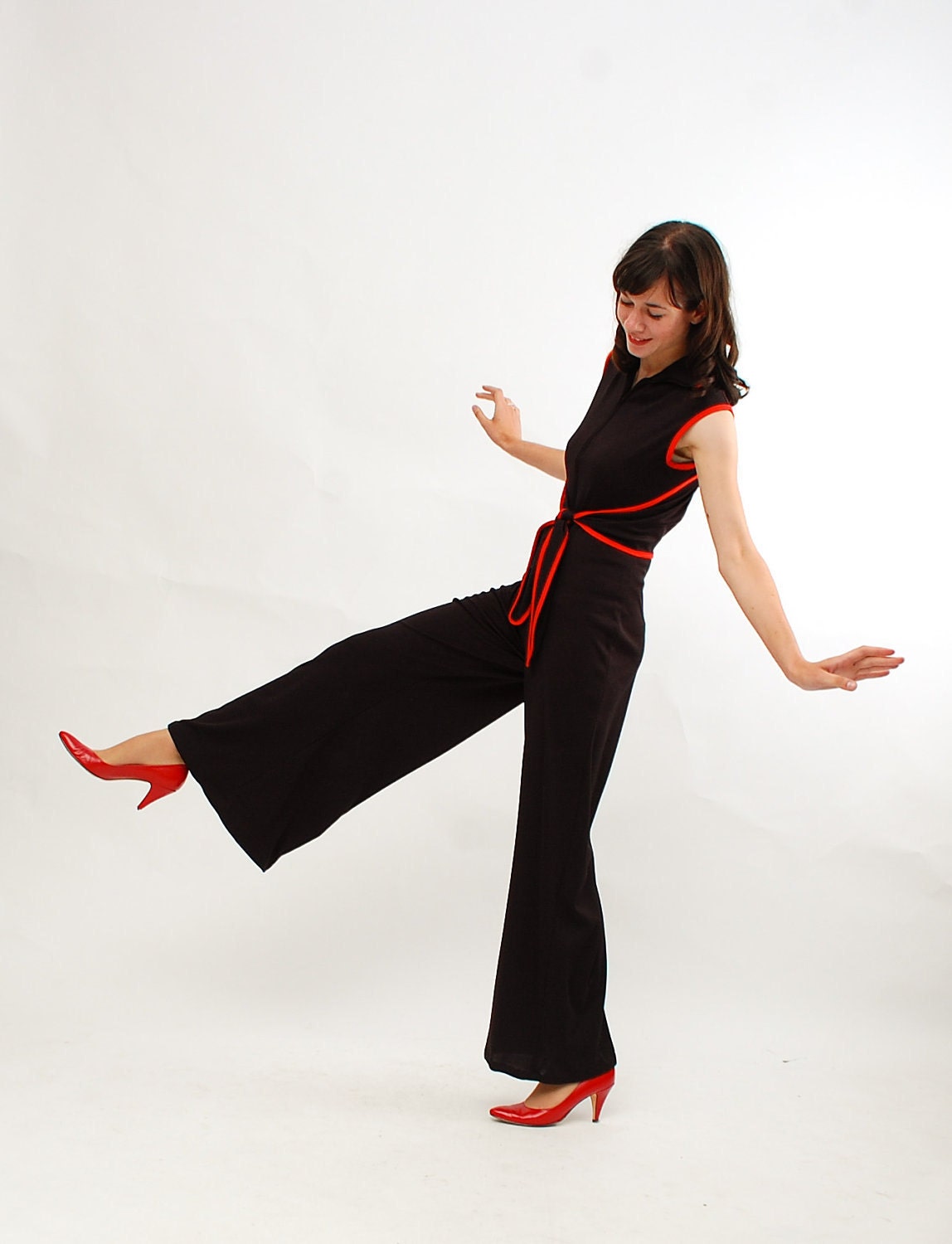 Vintage 1970s Jumpsuit - 70s Disco Jumpsuit - Black and Red - Deadstock