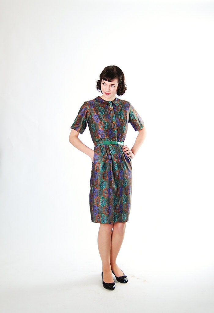 Vintage 1950s Shirtwaist Dress - 50s Day Dress - Floral Calico Print
