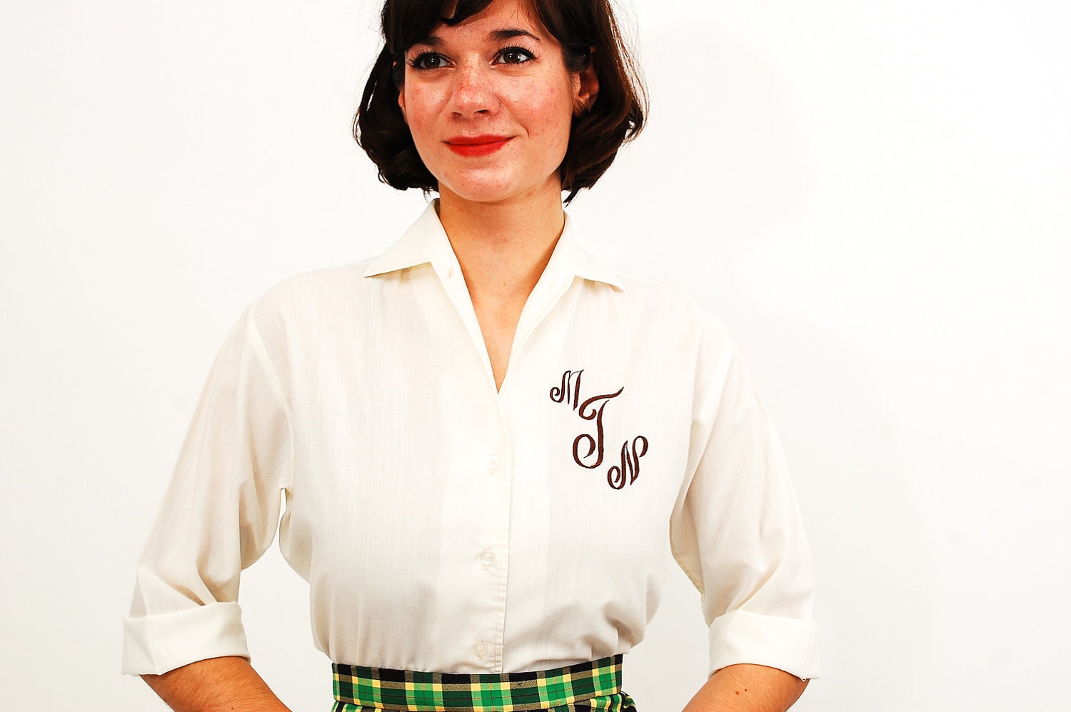 Vintage 1960s Blouse - 60s Shirt - Brown and Ivory Monogrammed