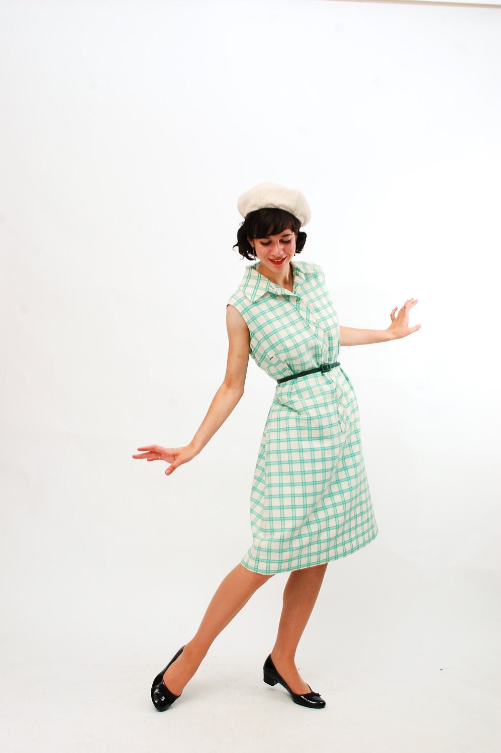 Vintage 1970s Dress - 70s Shift Dress - Green Windowpane Plaid - Plus Size