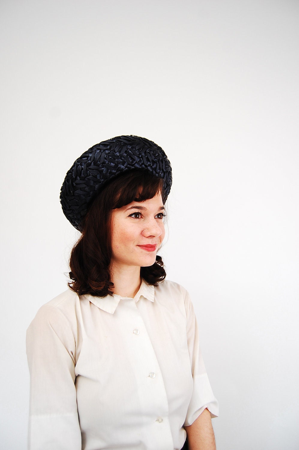 Vintage 1960s Straw Hat - 60s Straw Hat - Navy Blue