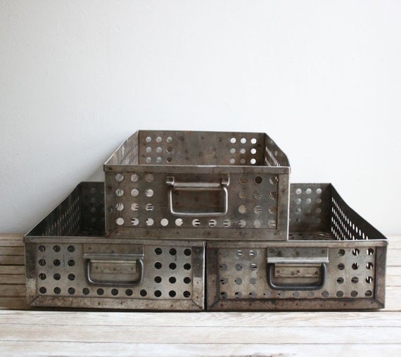 vintage industrial metal perforated drawers - reserved for mllerorie