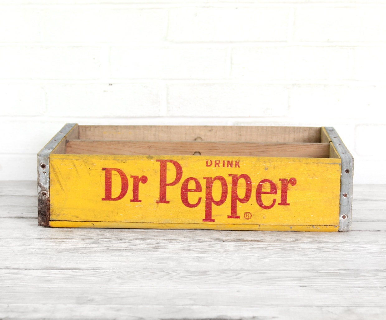 vintage yellow and red dr. pepper crate
