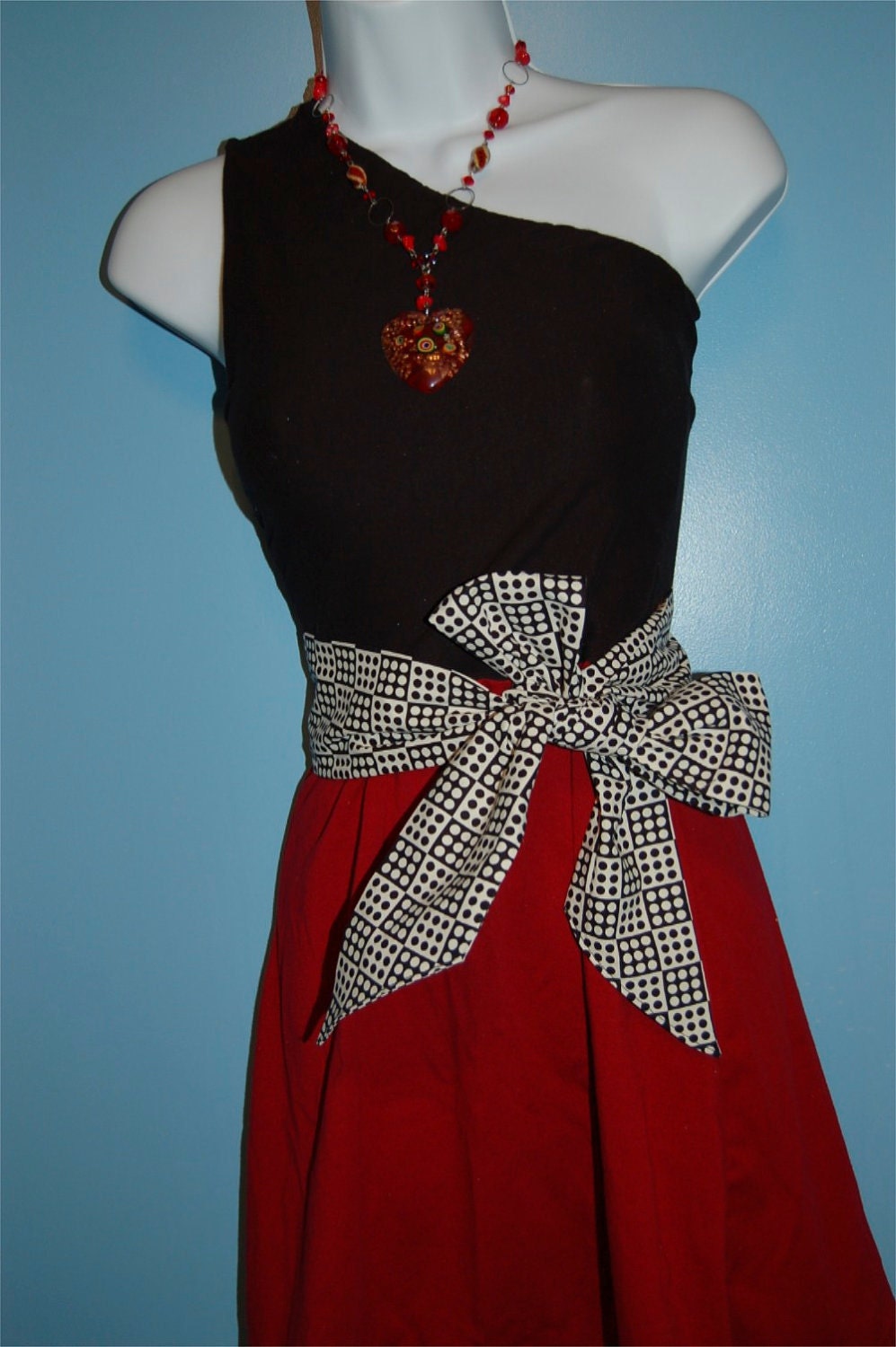 One Shoulder Garnet and Black Dress with Polka Dot OR Houndstooth Belt