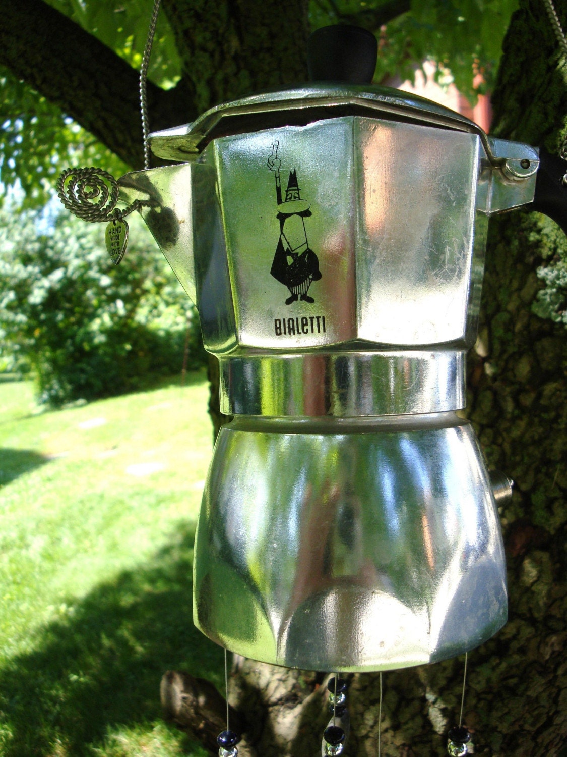 Bialetti Espresso Pot Wind Chime with Labradorite Silver and Blue Gold Stone Beads
