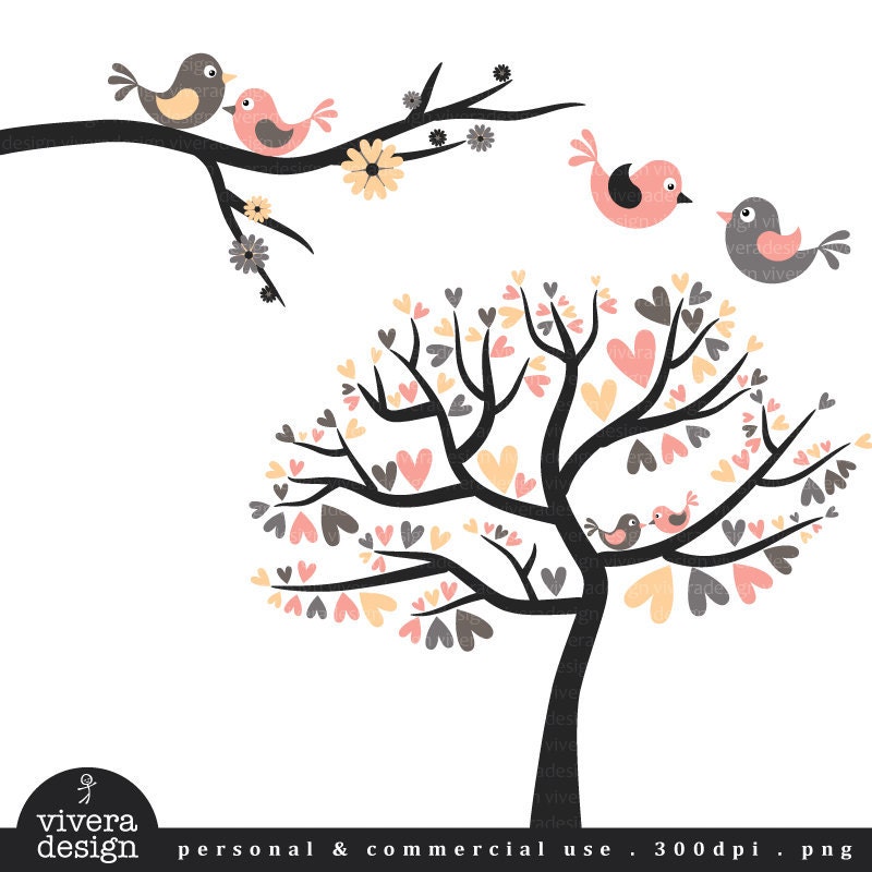 Love Birds in Sweet Pink, Cream, and Grey - Digital Clip Art
