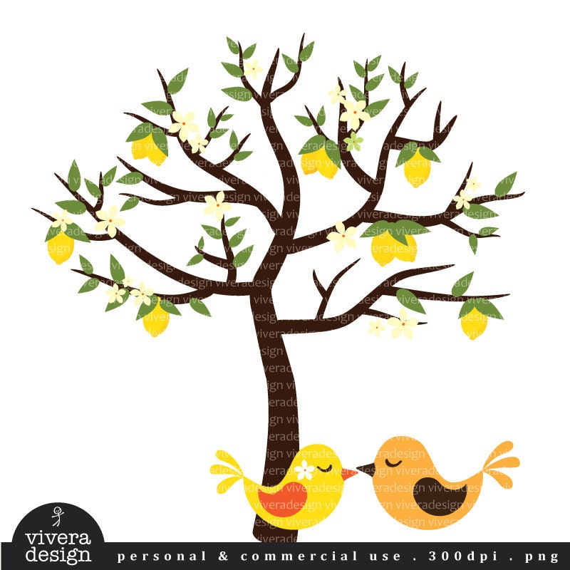 Lemon Tree with Love Birds - Digital Clip Art