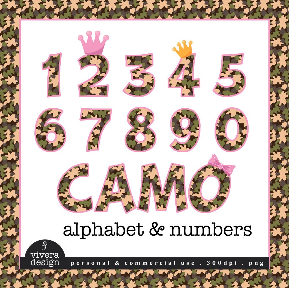 Camouflage Patterned Letters and Numbers Clip Art with Pink Outine and additional Pink Bow, Pink Crown and Yellow Crown