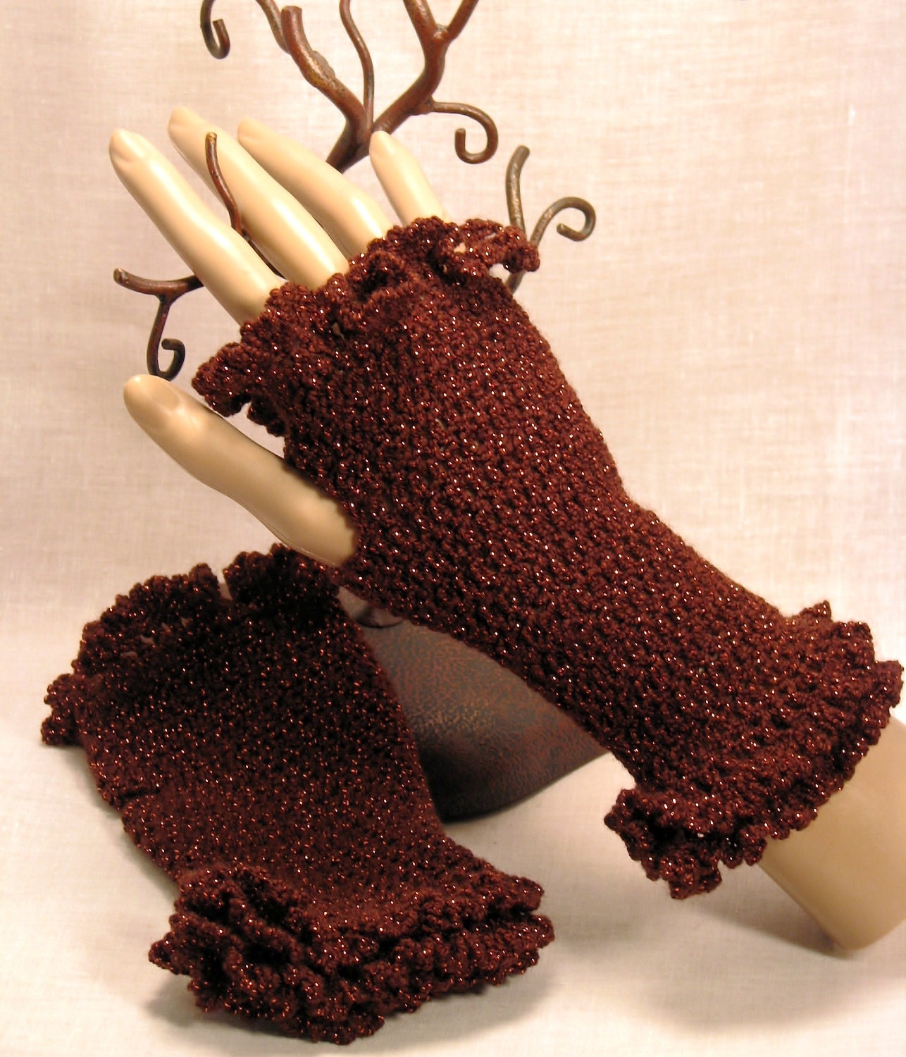 Beautiful Brown and Copper Hand Crocheted Fingerless Wench Gloves FREE SHIPPING