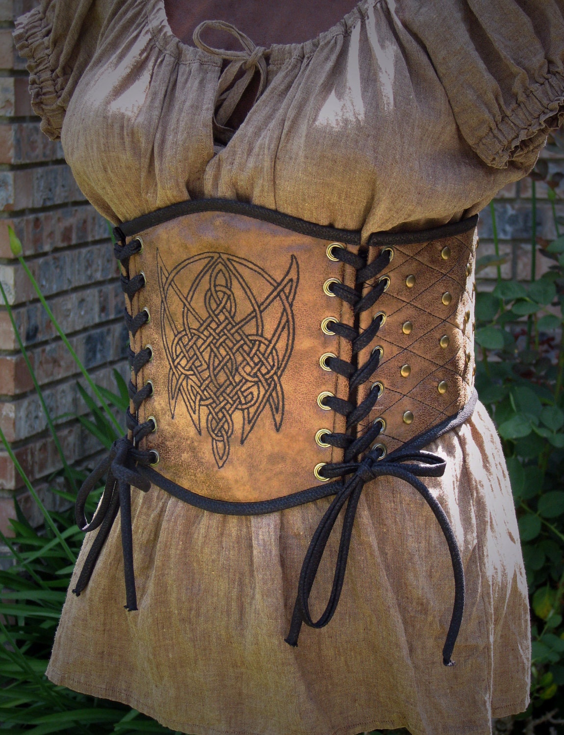 Black and Tan Celtic Embroidered and Studded Corset Underbust Belt Viking Renaissance Ready to Ship Size 33" to 35"