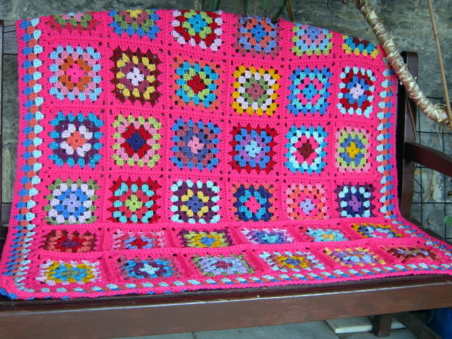 Shocking Pink Crochet Granny Square Blanket Bright Retro Vintage Style