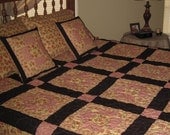 French Country, Cottage Chic "Floral Espresso" Queen Size Quilt Set, Red, Pink, Brown, Cream, Tan, Vintage look Queen Quilt