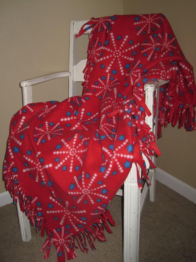 Red White & Blue Fringed Fleece Throw Blanket, "Sparkle" Patriotic Throw Blanket, Great gift or Decor, 4th of July, Children to Adults