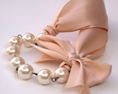 Carrie Bradshaw  Inspired Pearl Necklace In Nude Color Satin Ribbons. Perfect for Bride, Wedding, Bridesmaids And Formal