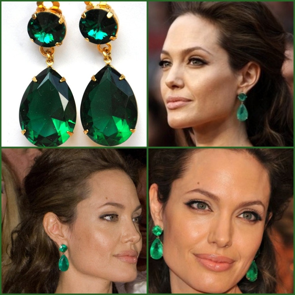 Emerald  Earrings Angelina Jolie's Inspired Gorgeous Emerald  Earrings in  Crystal Emerald SWAROVSKI the Clip-On Version