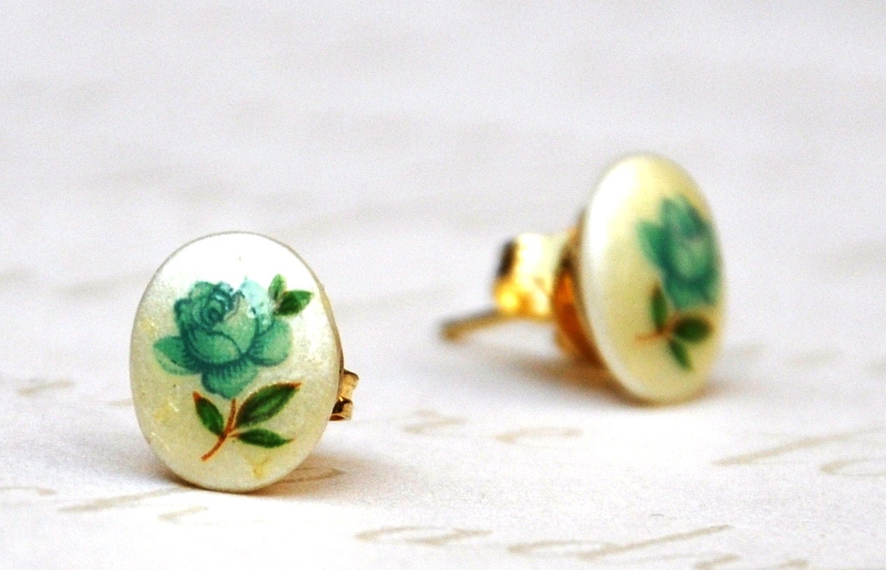 Vintage Pearly  Porcelain with a Teal Blue Rose Studs Earrings