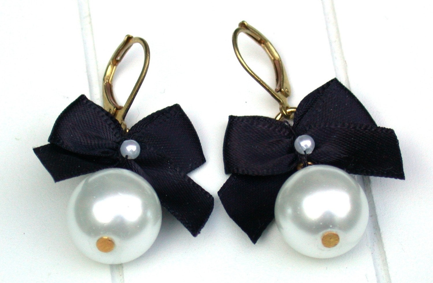 Bow Earrings  Black Satin Ribbon Bow And White Pearls Earrings