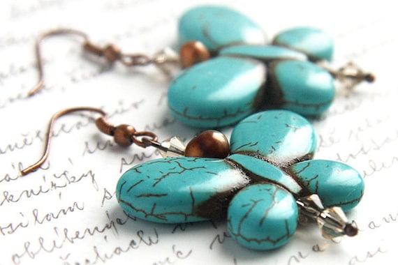 on Vacation / Turquoise Butterfly Earrings. Freshwater Pearl. Swarovski Crystals. Antique Copper, Teal Blue