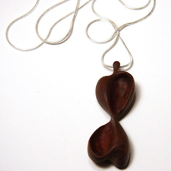 Dual Eternity Necklace. Miniature Handcarved Sculpture. Mahogany Wood Pendant. Eco Friendly. Sterling Silver Chain. Minimalist Natural Brow