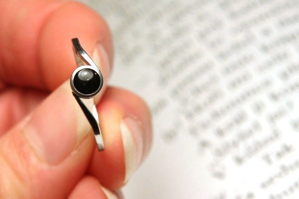 Precision Ring. Modern Minimalist Stainless Steel. Black Onyx Stone Convex Plane. Thin Size 8