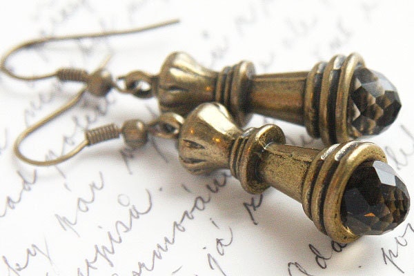 Chess Queen Earrings. Smoky Quartz Crystal. Antique Bronze. Chess Piece. TAGT TEAM