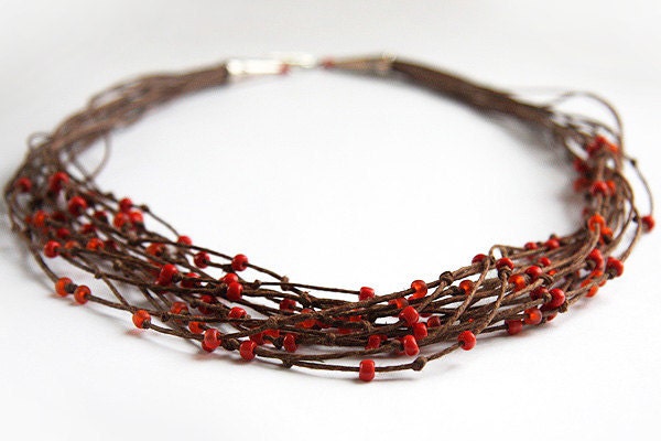 on Vacation / Eco Friendly Necklace - Multi Strand Necklace - Natural Polished Brown Hemp -  Orange Red Beads - Bird Nest Fiber Jewelry TAGT