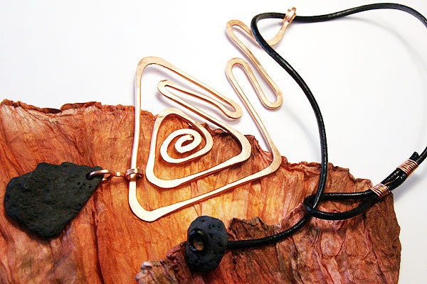 Raw Hammered Copper Geometrical Pendant - Black Lava Stone - Leather Necklace with Handmade Stone Closure - Orange Black Fall Fashion