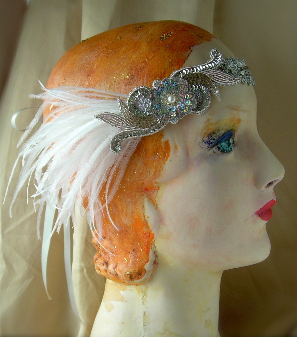 elsie-  flapper headband costume with silver sequined flower and white feathers angled up- made to order