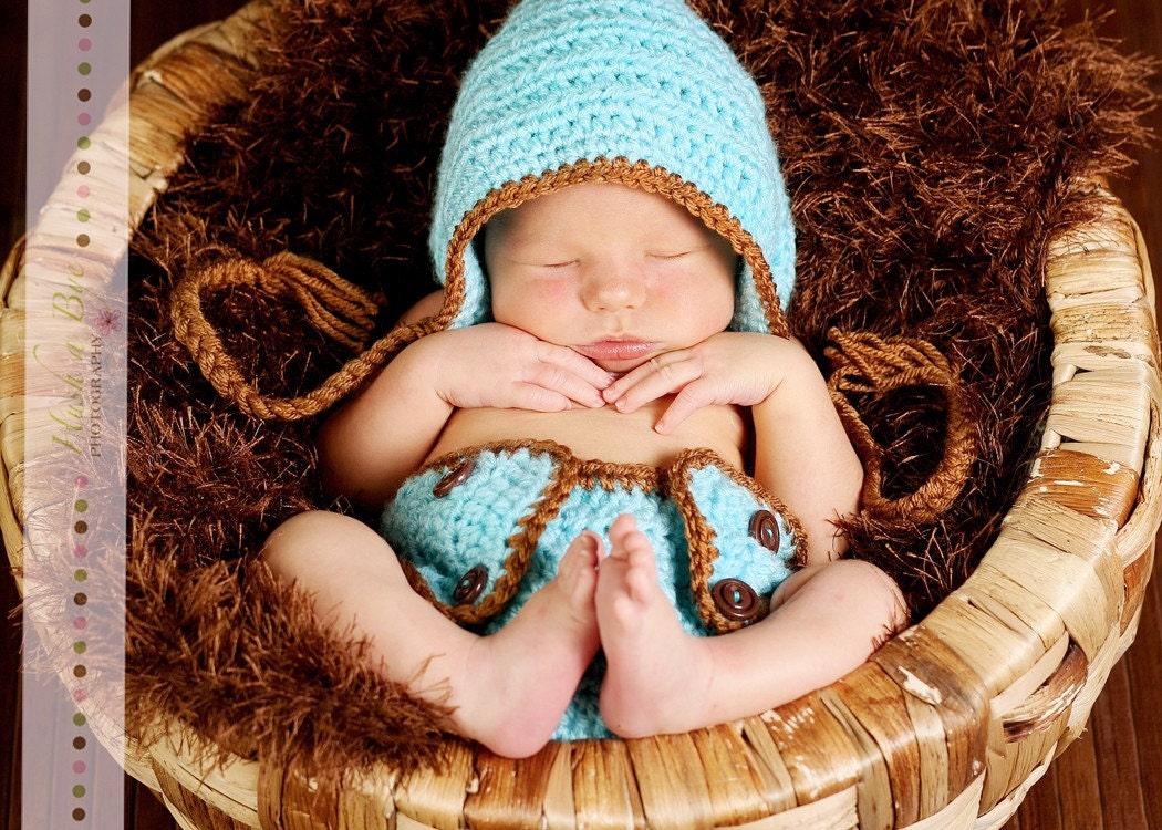 Newborn Adorable Blue and Brown Trim Elf Pixie Pom Pom Hat and Diaper Cover Set