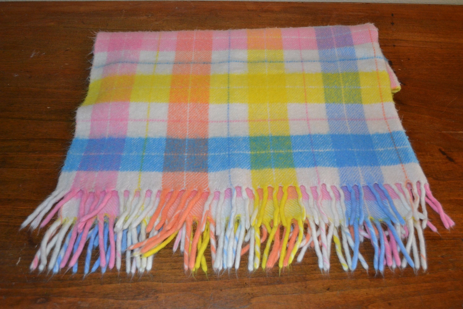 Vintage Baby Fringed Ends Blanket Pale Pinks Yellows an Blues an Cream