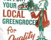 Retro style tea towel. Green Grocer.