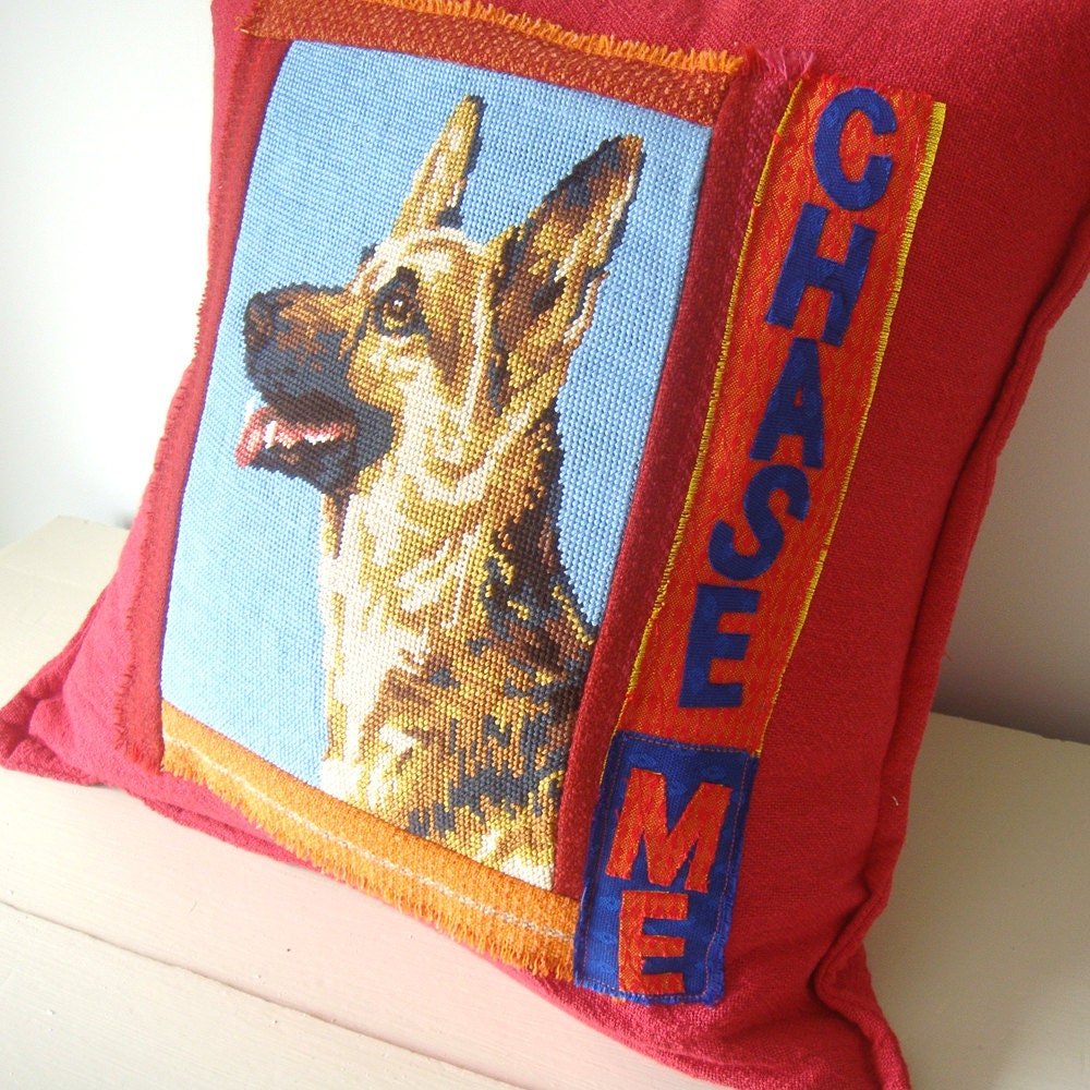 Vintage needlepoint valentine tapestry cushion Alsatian dog hot pink and blue